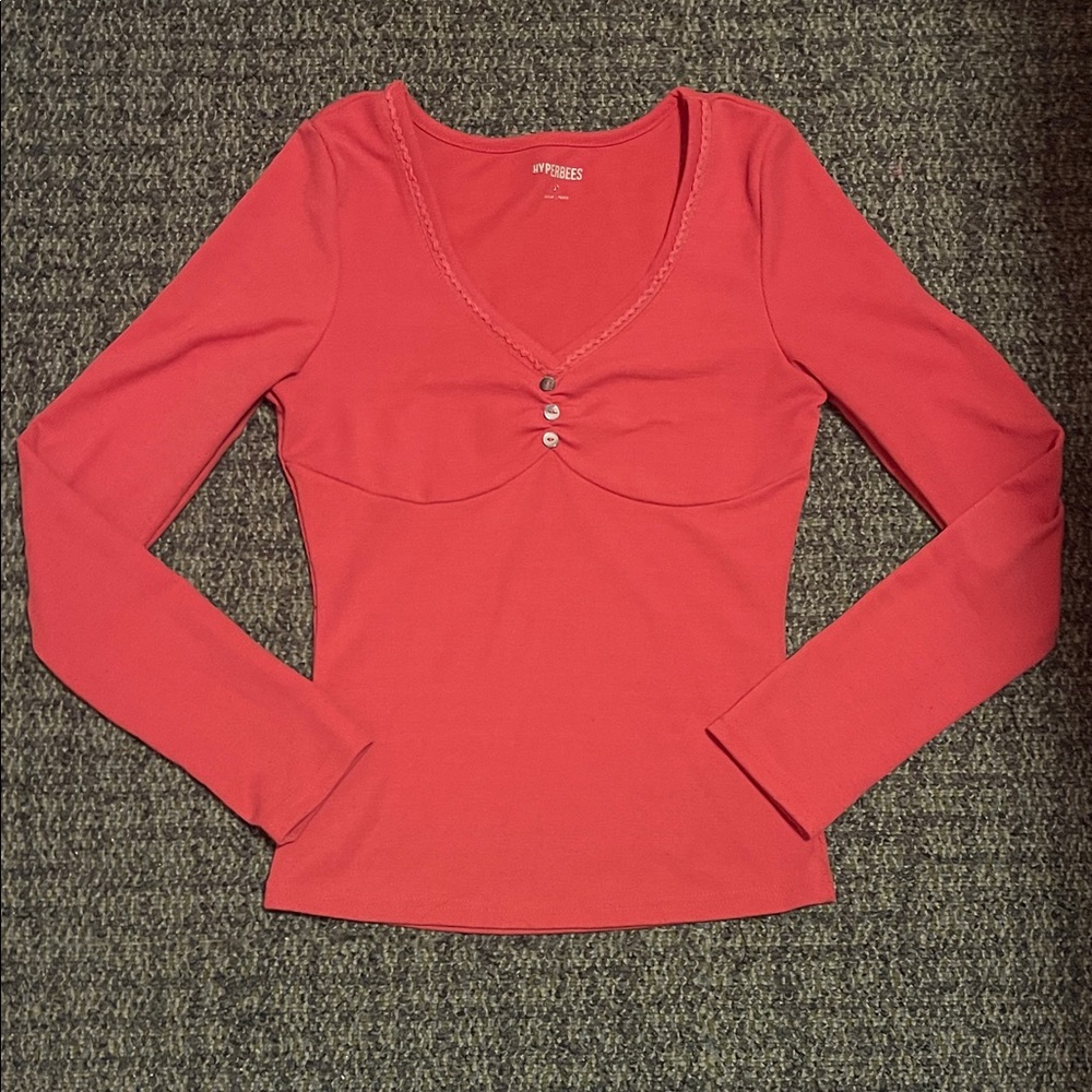 Y2K Vintage Wash Deep V-Neck Long Sleeve Faux Button-Front Light Burgundy Top